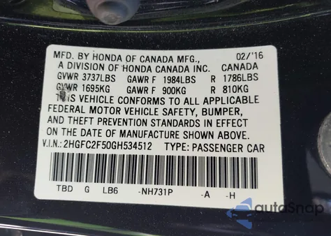 2016 Honda Civic Lx from USA, damaged, VIN 2HGFC2F50GH534512